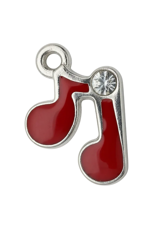Red enamel baby stroller charm in silver finish with a clear crystal wheel accent