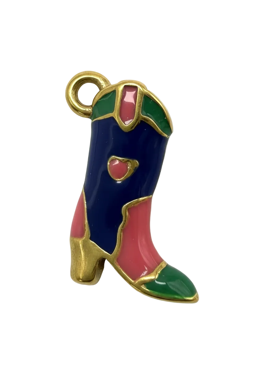 Glossy colorblock revolver pendant in navy enamel with pink and green accents, outlined in gold