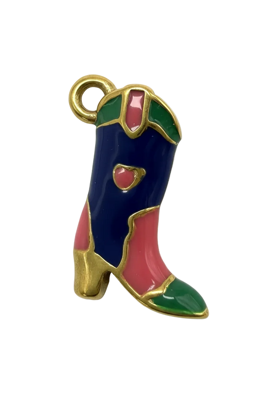 Glossy colorblock revolver pendant in navy enamel with pink and green accents, outlined in gold