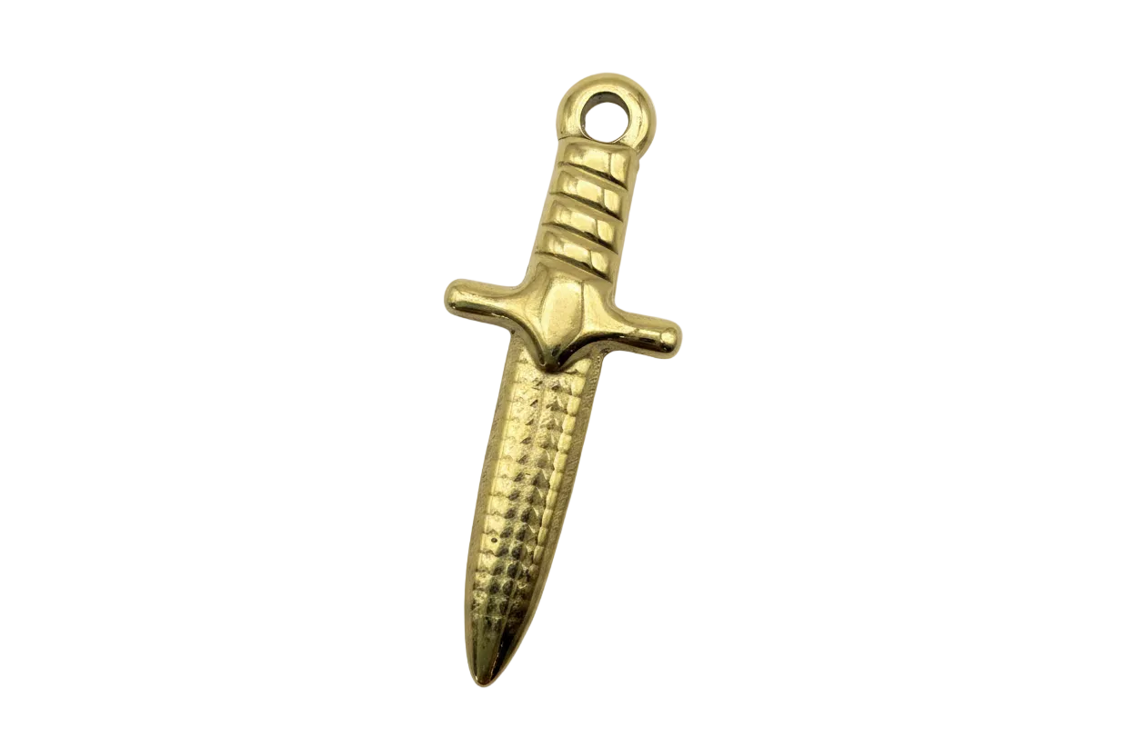Glossy gold dagger charm with textured blade and ribbed handle on black background