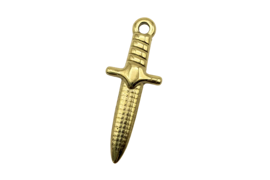 Glossy gold dagger charm with textured blade and ribbed handle on black background