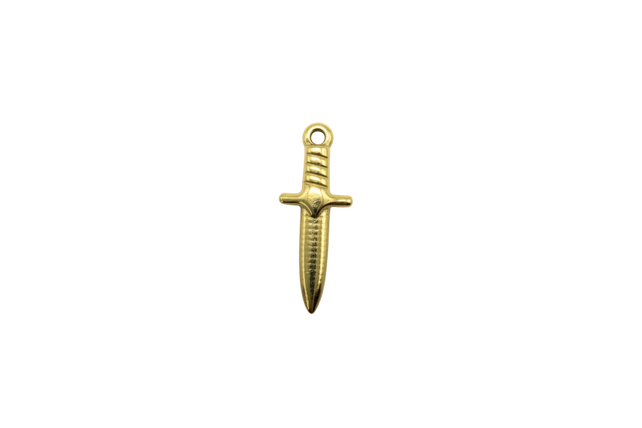 Gold dagger charm with textured blade and ribbed handle
