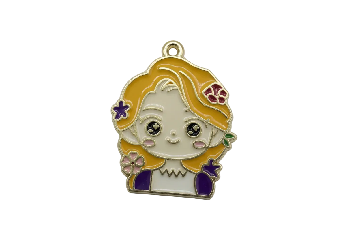 Glossy enamel blonde girl portrait with purple accents and flowers, outlined in gold