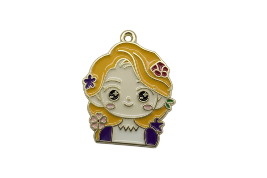Glossy enamel blonde girl portrait with purple accents and flowers, outlined in gold