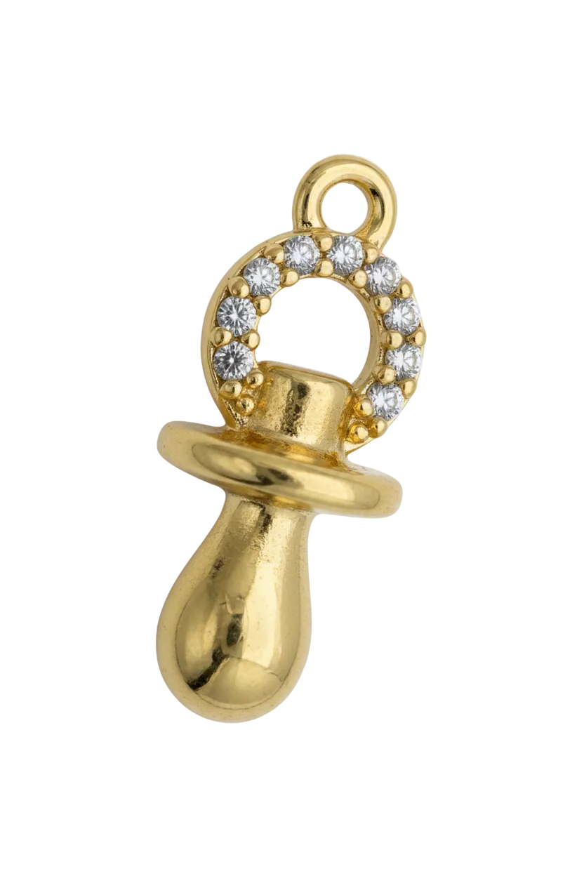 Gold pacifier charm with pavé circle of clear crystals on a black background