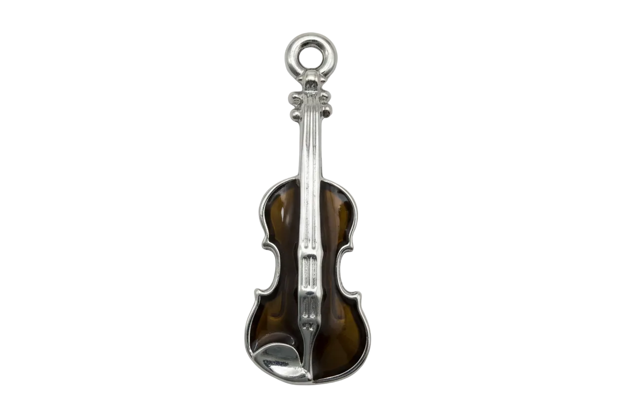 Polished silver violin charm with smoky amber-brown enamel body on a black background