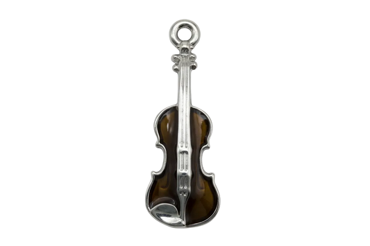 Polished silver violin charm with smoky amber-brown enamel body on a black background