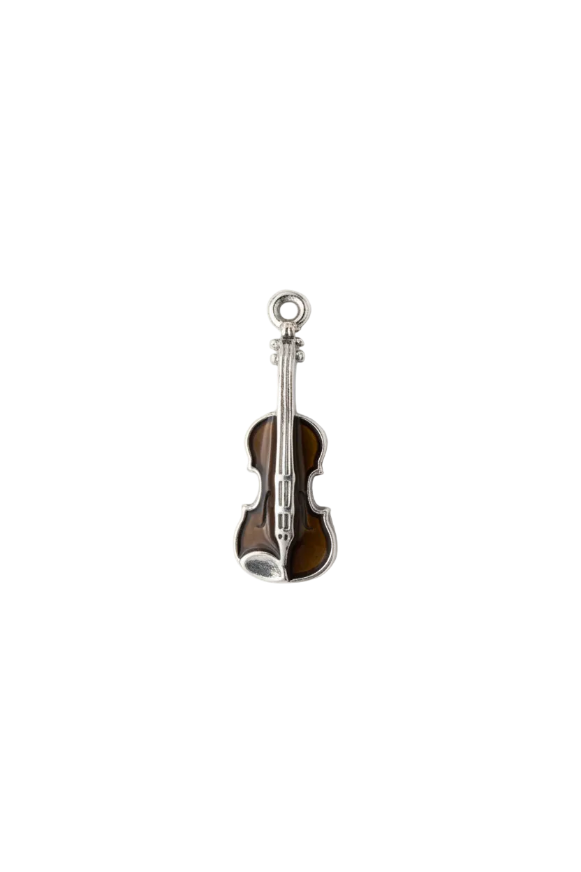 Silver violin charm with smoky amber-brown enamel
