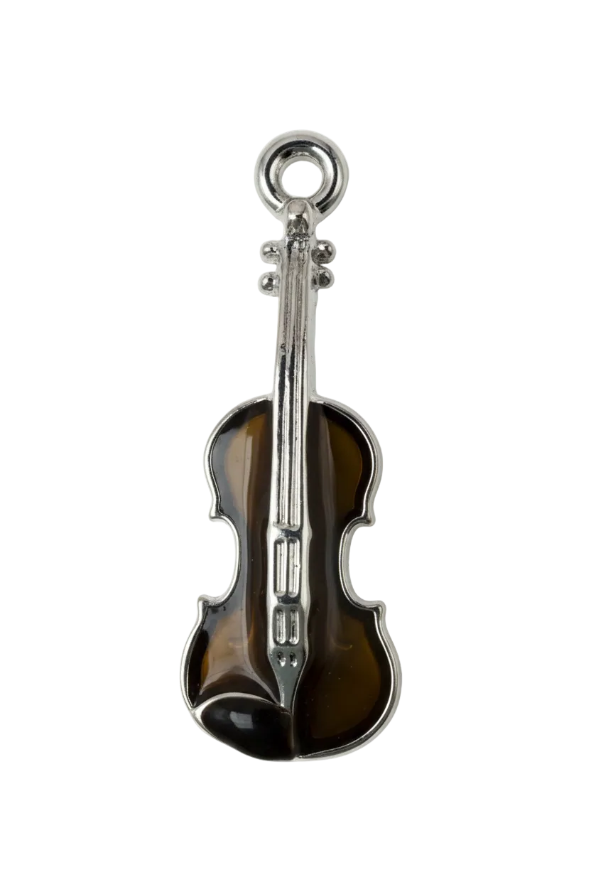 Smoky amber acoustic guitar charm with polished silver-tone outline on black background