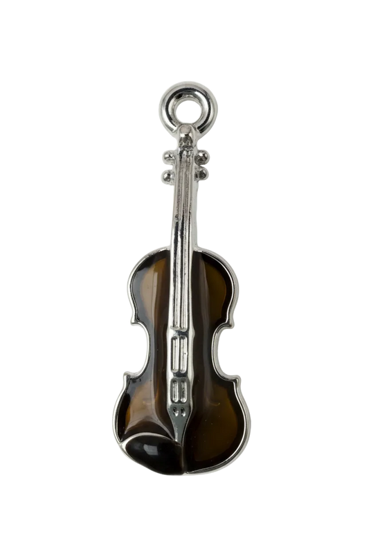 Smoky amber acoustic guitar charm with polished silver-tone outline on black background
