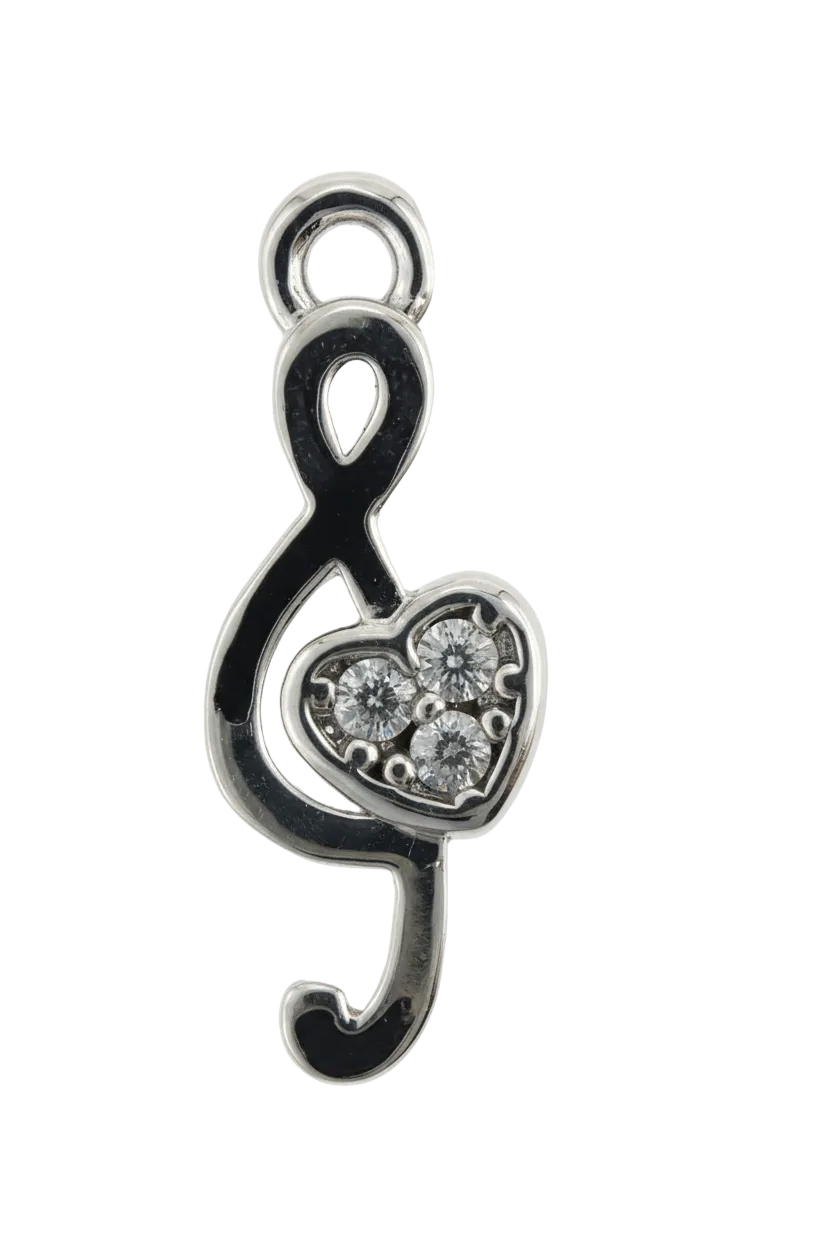 Polished silver swirl charm with heart centerpiece set with three clear stones