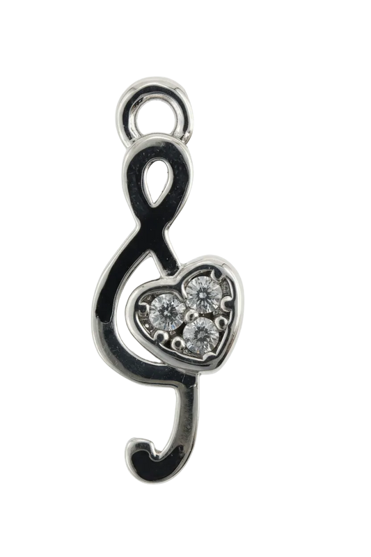 Polished silver swirl charm with heart centerpiece set with three clear stones