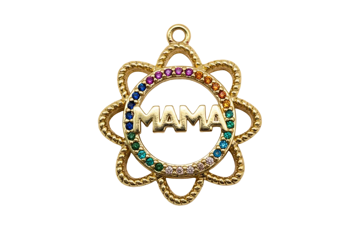 Gold flower medallion with raised MAMA text and rainbow crystal halo