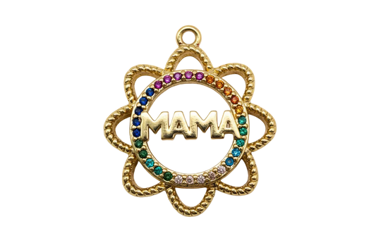 Gold flower medallion with raised MAMA text and rainbow crystal halo