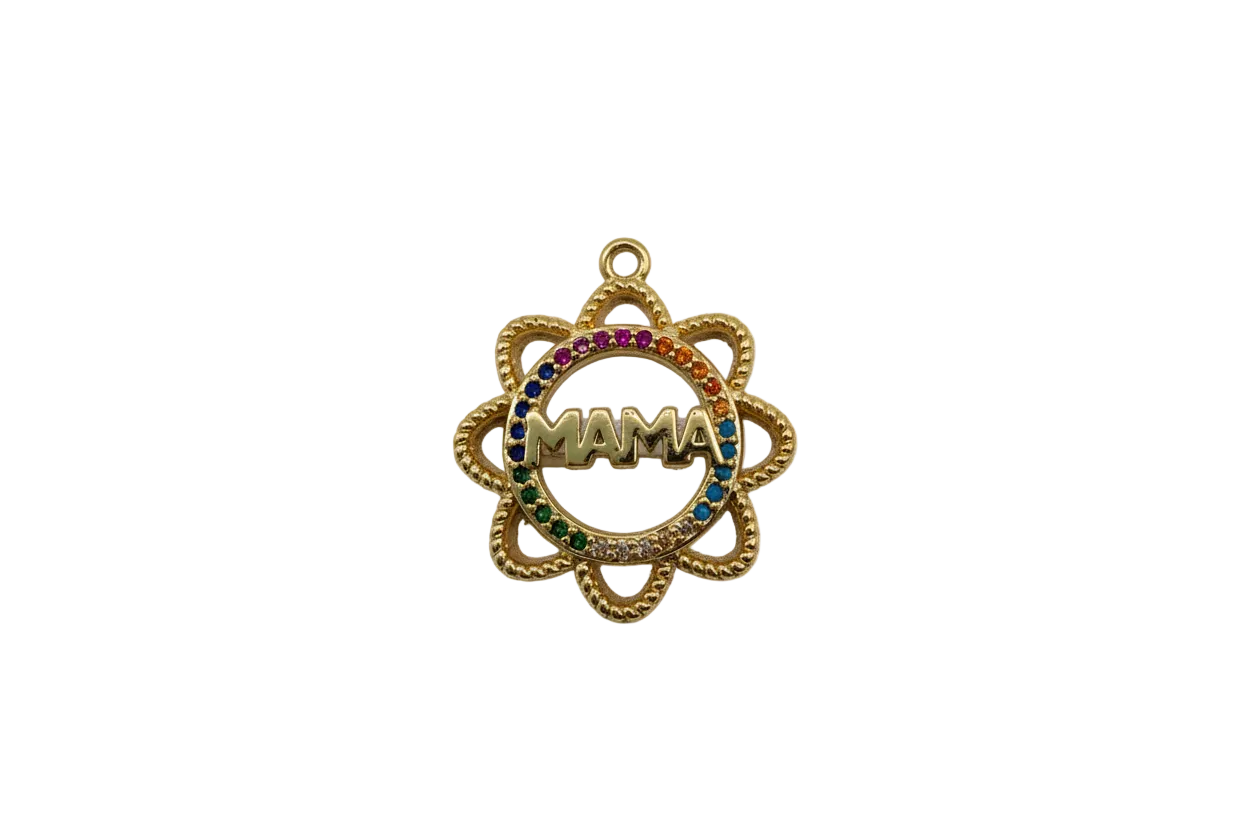 Gold MAMA flower medallion with rainbow crystals