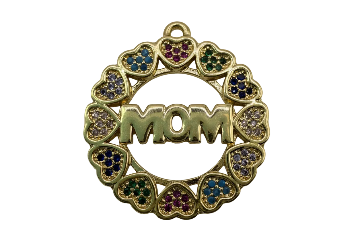 Gold MOM medallion surrounded by heart-shaped clusters of multicolor pavé stones