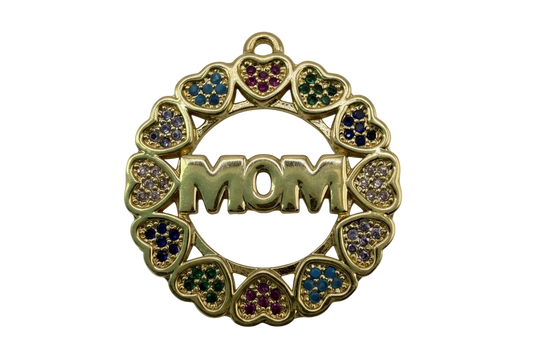 Gold MOM medallion surrounded by heart-shaped clusters of multicolor pavé stones