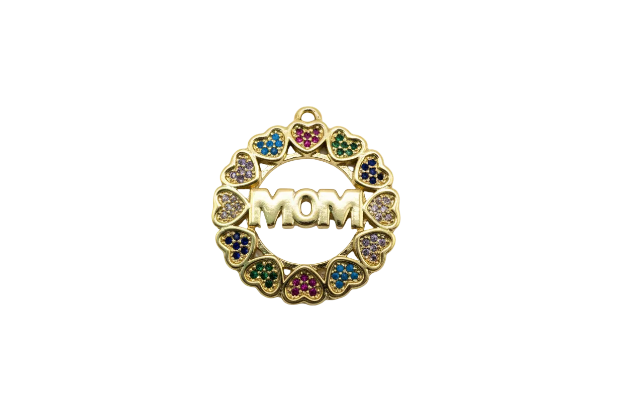 Gold MOM medallion with multicolor heart pavé border