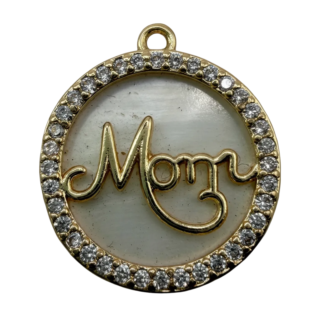 Gold round mom medallion with pearly white center and clear pavé stone halo