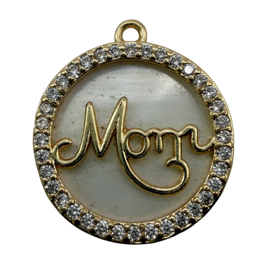 Gold round mom medallion with pearly white center and clear pavé stone halo