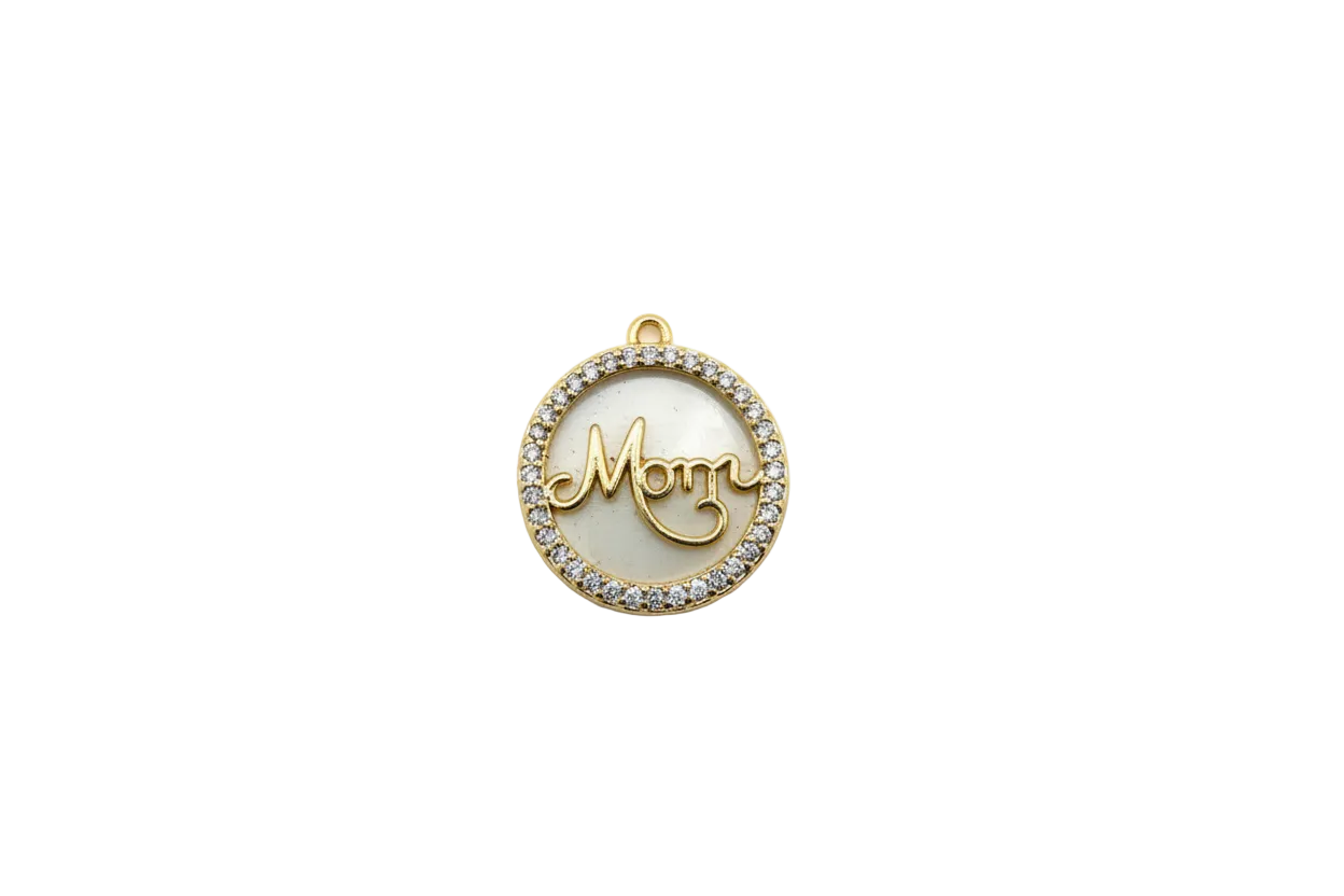 Gold mom medallion with pearly center and clear stone halo
