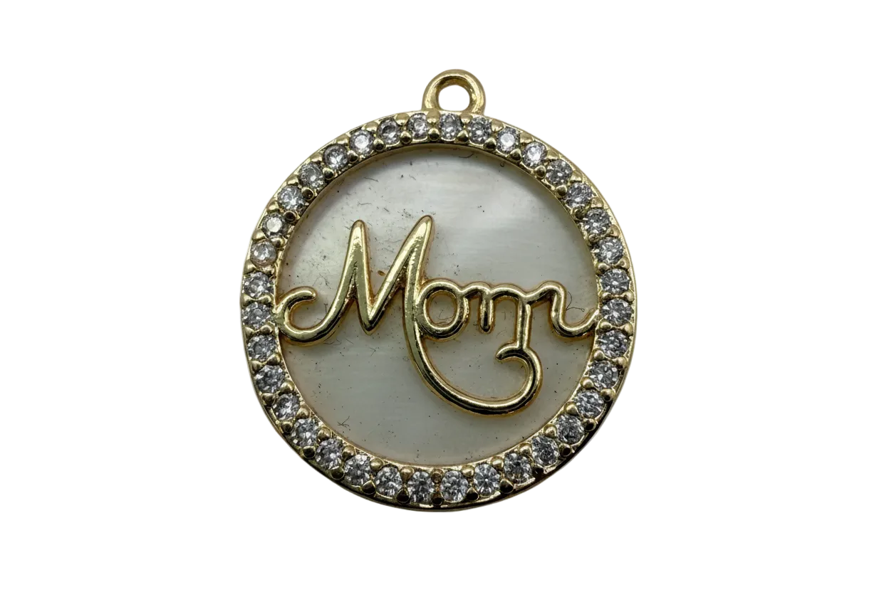 Gold round Mom script medallion with ivory center and clear crystal border