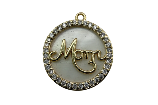 Gold round Mom script medallion with ivory center and clear crystal border