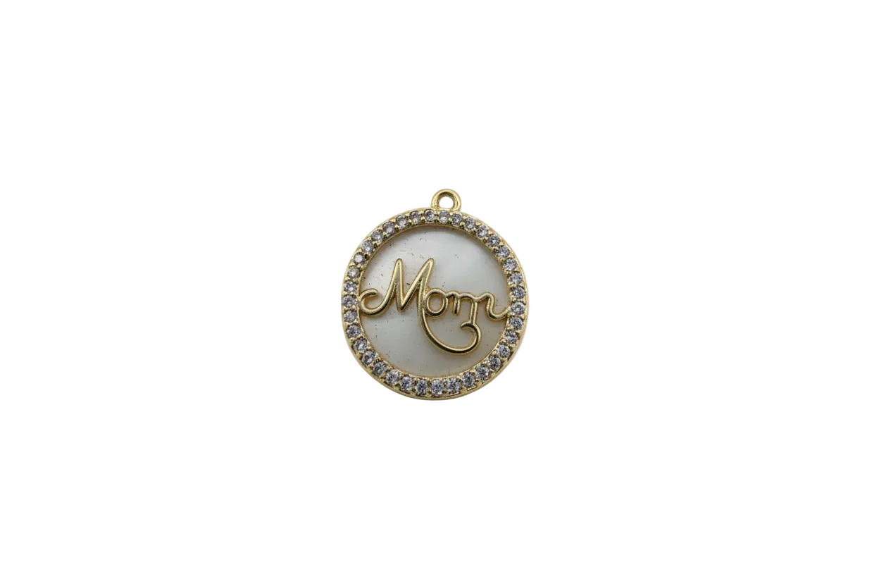 Gold Mom script medallion with clear crystal border