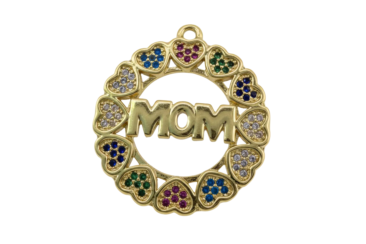 Polished gold MOM medallion framed by heart motifs with multicolor pavé gems