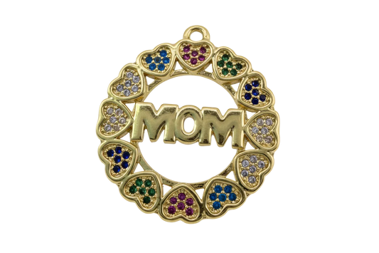 Polished gold MOM medallion framed by heart motifs with multicolor pavé gems