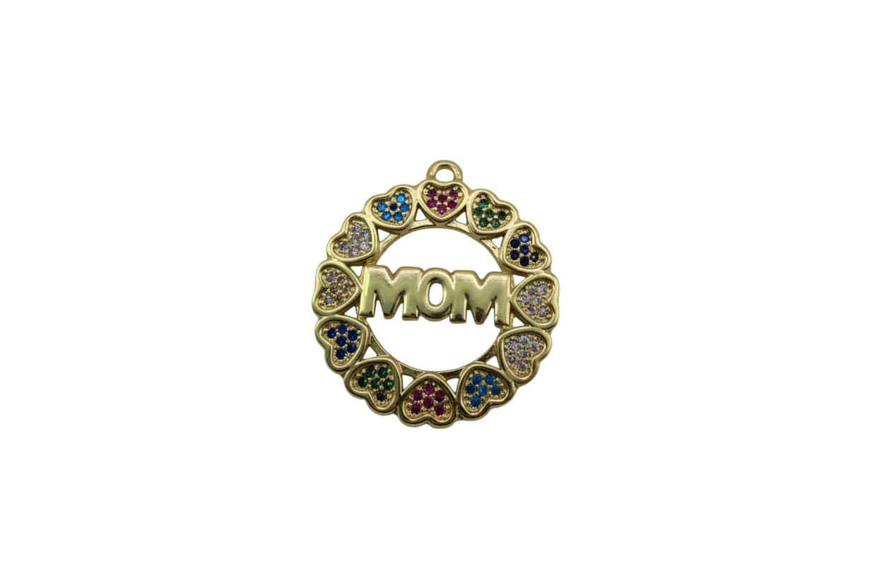 Gold MOM medallion with heart wreath and multicolor gems
