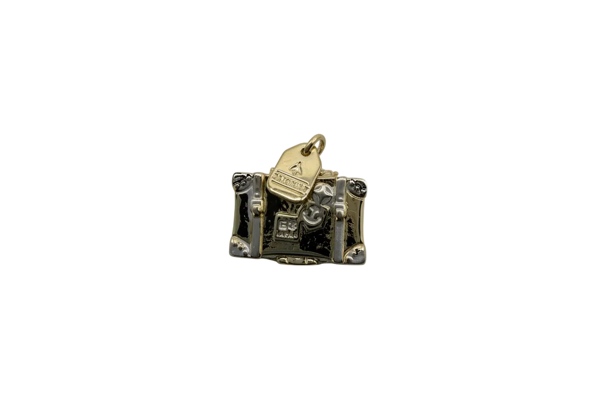 Two-tone suitcase trunk charm in black, gold, and silver