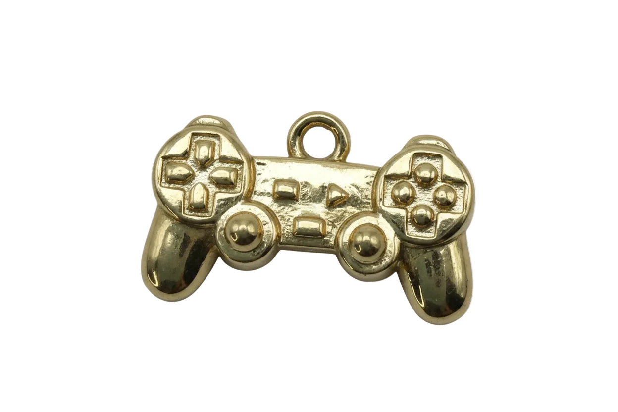 Polished gold game controller charm with raised buttons and glossy finish