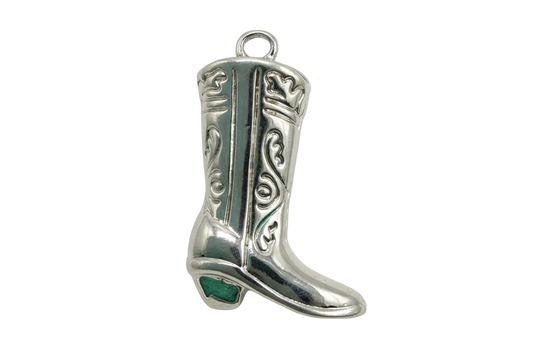 Ornate silver cowboy boot charm with engraved scrollwork and darkened details
