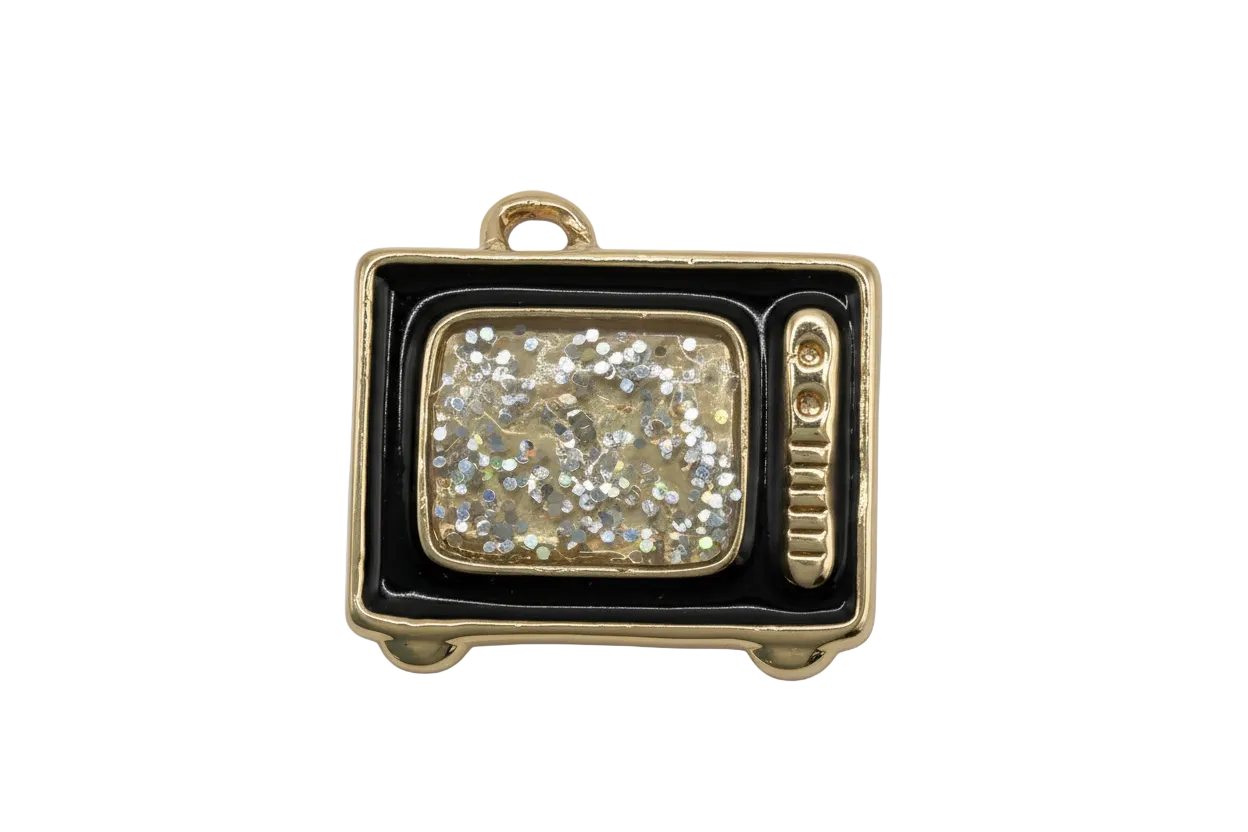 Gold and black retro TV charm with glittery screen and glossy enamel frame
