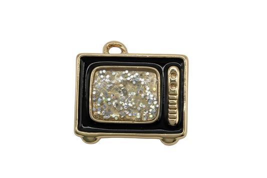 Gold and black retro TV charm with glittery screen and glossy enamel frame