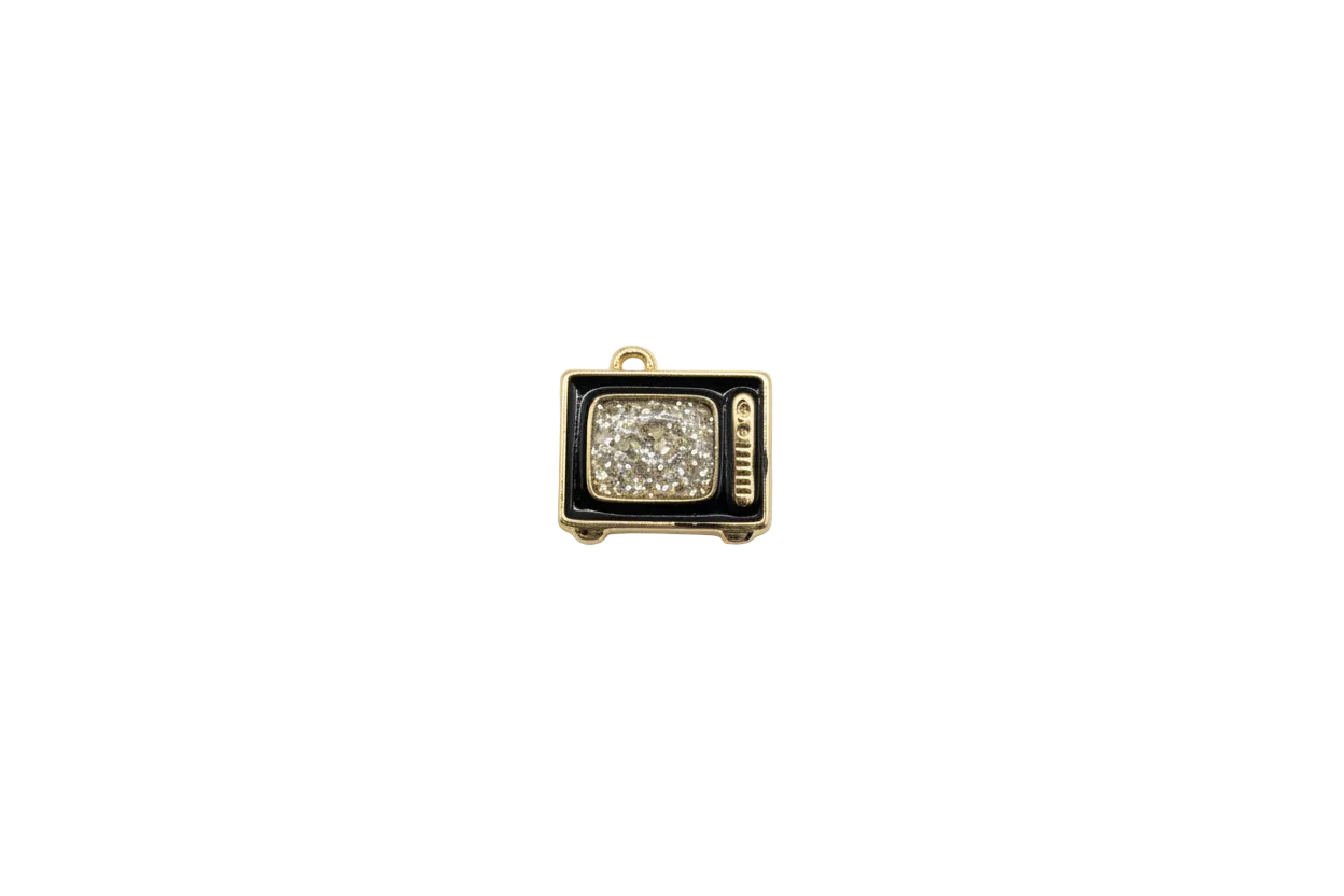 Gold and black retro TV charm with glitter screen