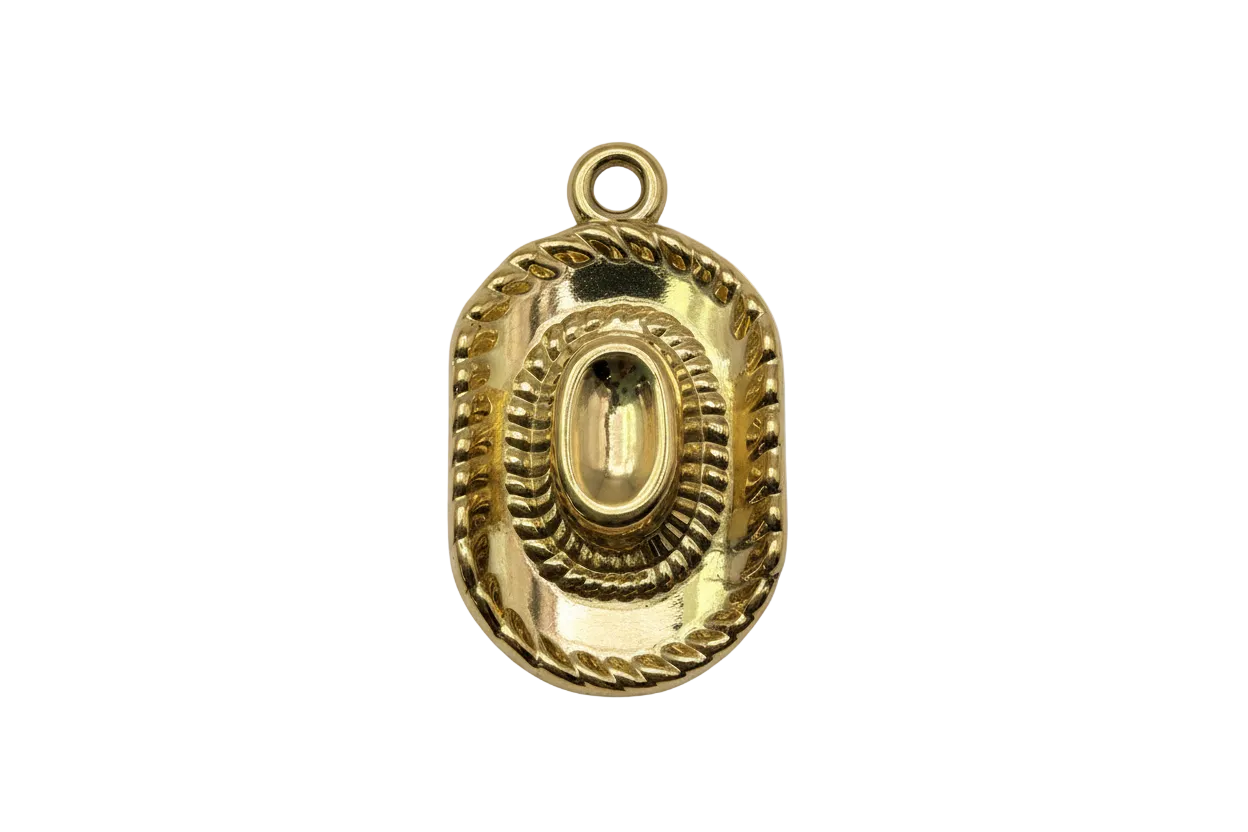 Gold oval medallion with rope-edge border and raised center oval, high-polish finish