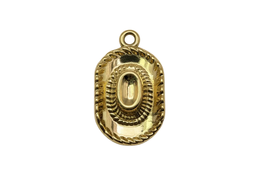 Gold oval medallion with rope-edge border and raised center oval, high-polish finish