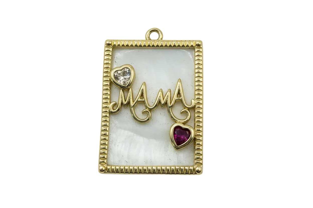 Gold rectangular mother-of-pearl plaque with “mama” script and heart-shaped clear and red gems