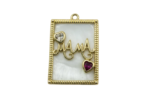 Gold rectangular mother-of-pearl plaque with “mama” script and heart-shaped clear and red gems