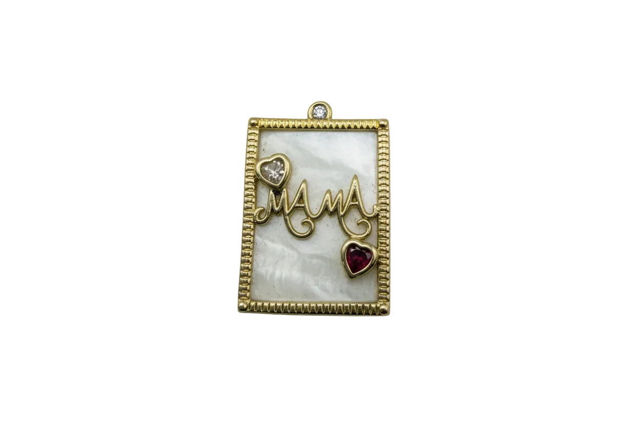 Gold mother-of-pearl “mama” plaque with clear and red heart gems