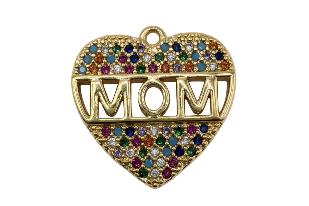 Gold heart with raised MOM letters and multicolor pavé gems