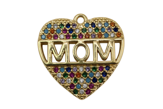 Gold heart with raised MOM letters and multicolor pavé gems