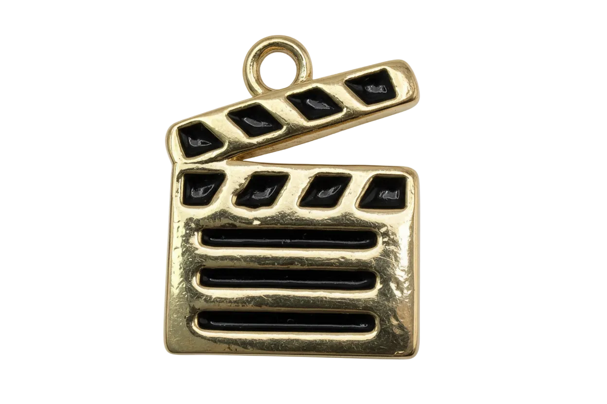 Gold film clapperboard charm with glossy black enamel details