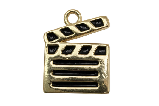 Gold film clapperboard charm with glossy black enamel details