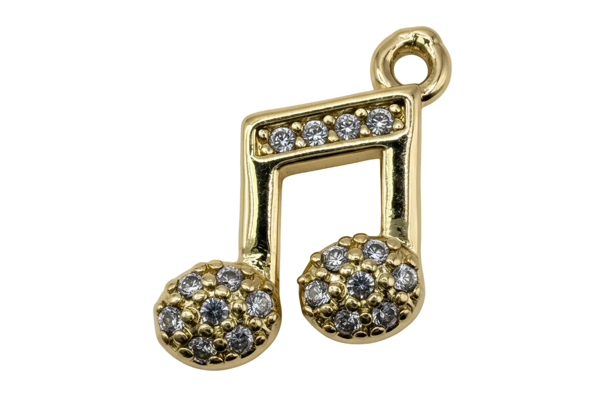 Gold music note charm with clear crystal pavé accents