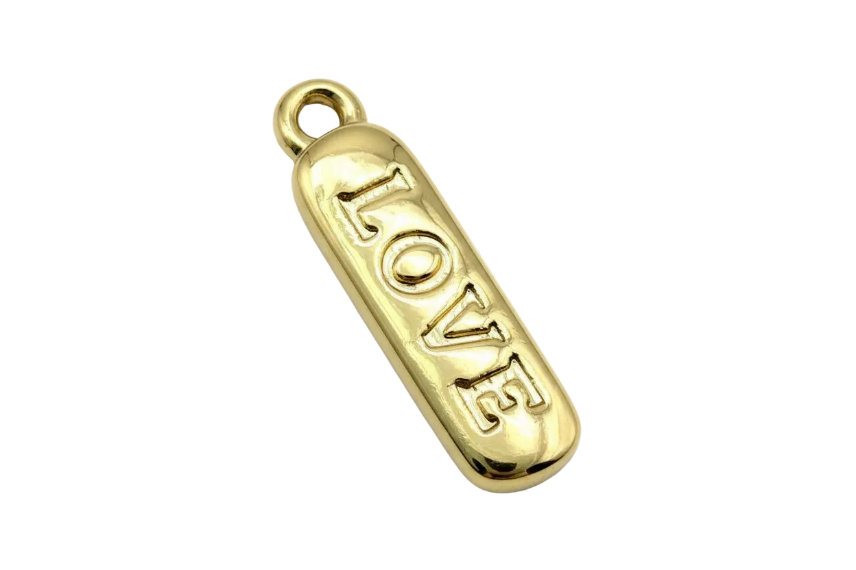 Polished gold rounded-rectangle tag with raised LOVE lettering