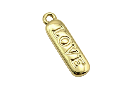 Polished gold rounded-rectangle tag with raised LOVE lettering
