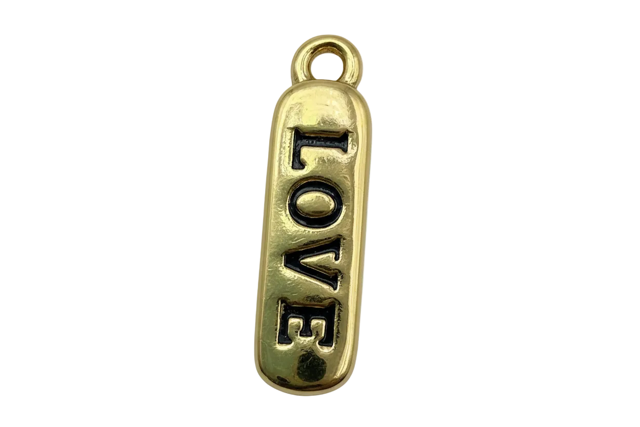 Polished gold rounded-rectangle tag with raised LOVE lettering